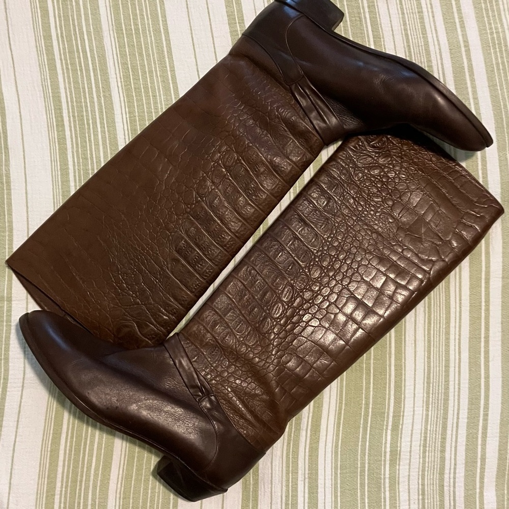 Brown Leather Crocodile Pattern Knee-High Boots